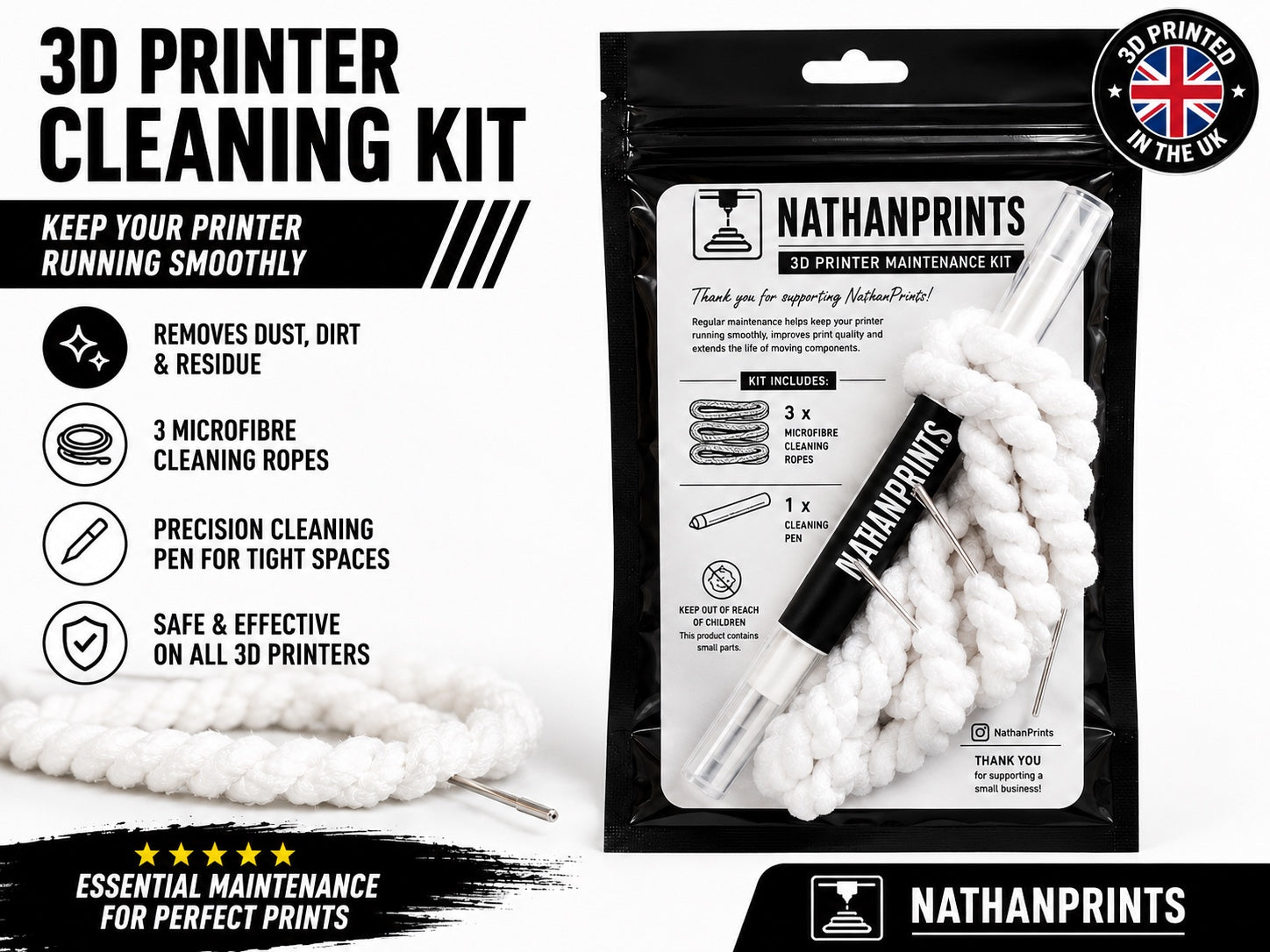 NathanPrints 3D Printer Cleaning Kit with cleaning ropes and lubricant pen
