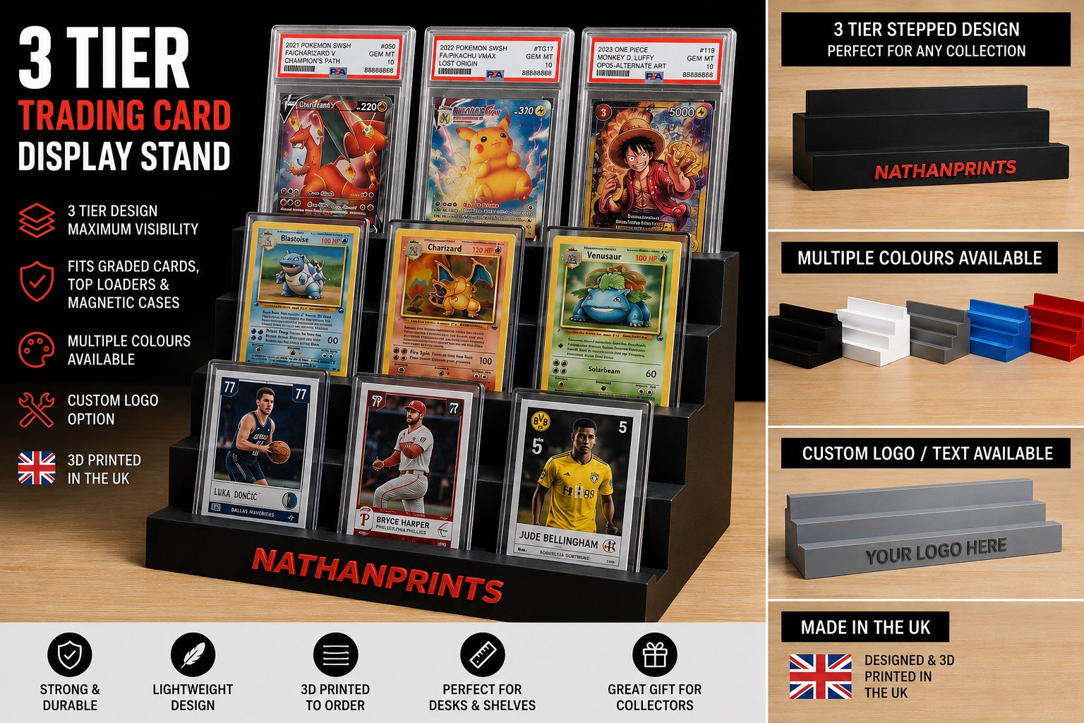 NathanPrints custom three-tier trading card display stand for graded cards and top loaders