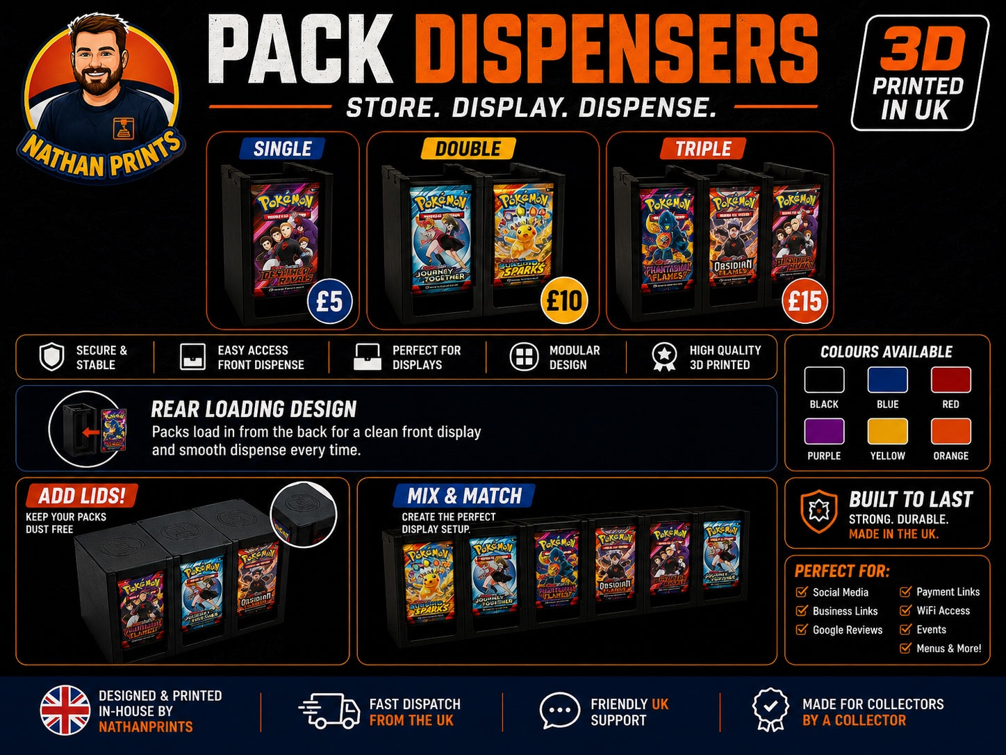NathanPrints front-dispensing booster pack holders in single, double and triple sizes