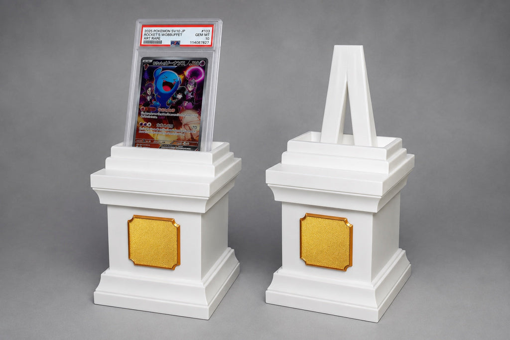 NathanPrints graded card slab pedestal stand shown with and without a card