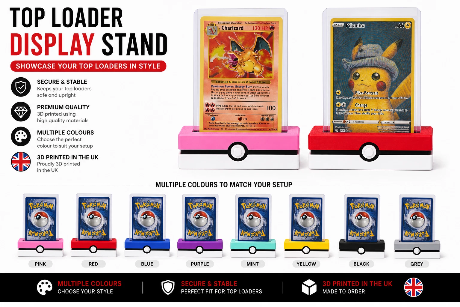 NathanPrints Pokémon-style Toploader display stands in multiple colours