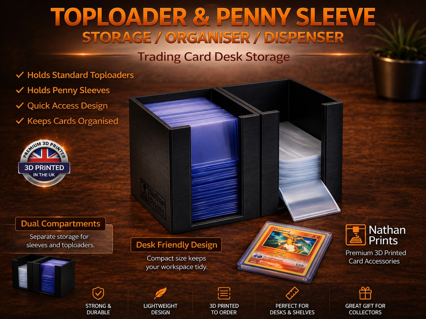 NathanPrints dual-compartment top loader and penny sleeve desk storage dispenser