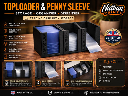 NathanPrints three-compartment top loader, penny sleeve and standard card sleeve storage dispenser
